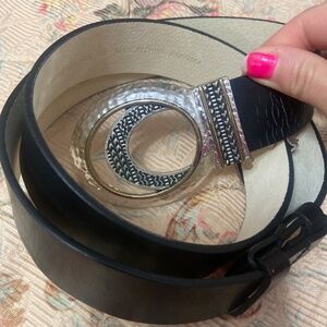 Chico’s Black Leather belt SZ M/L Silver Buckle Rodeo Western Cowboycore Boho